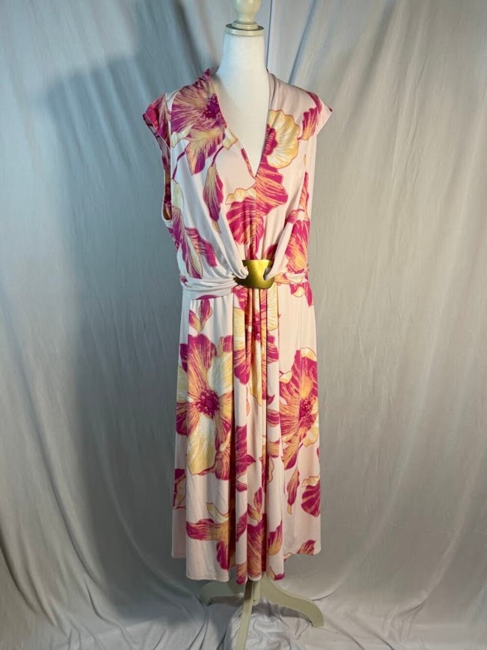 Donna Karan New York Petite Size 0P Pink Floral Belted Sleeveless Midi Dress